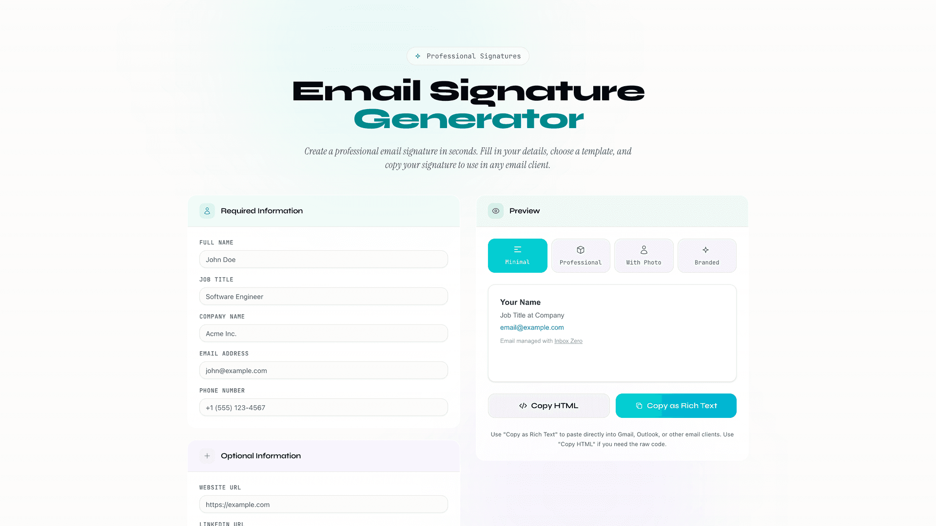Inbox Zero Email Signature Generator with form fields and live preview of a professional signature
