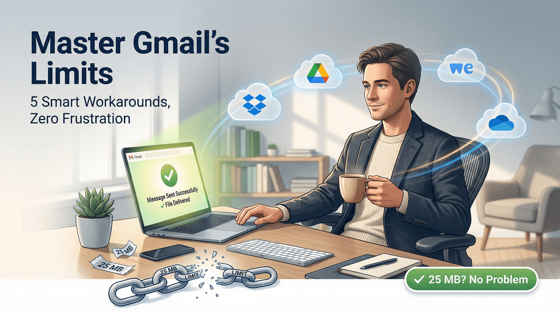 Professional confidently managing large file transfers through multiple cloud solutions, overcoming Gmail's 25 MB limit with ease