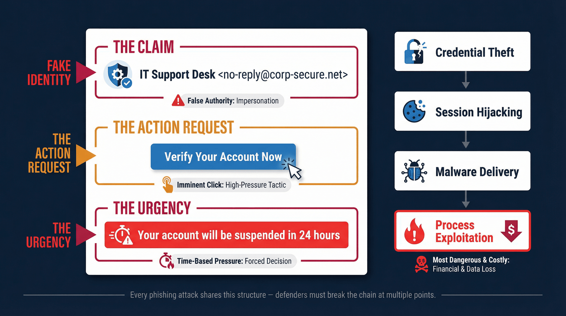 Phishing anatomy diagram: claim, action request, and urgency mapped to four attack outcomes including process exploitation