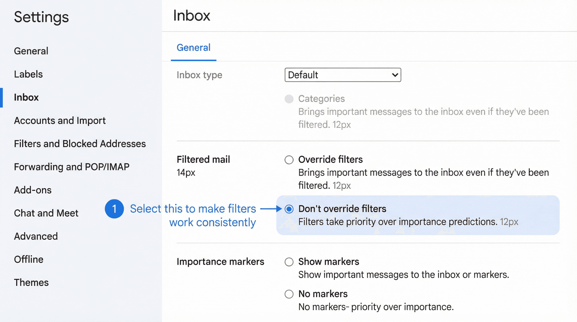 Gmail settings showing Don't override filters option to prevent Important label from bypassing filter rules