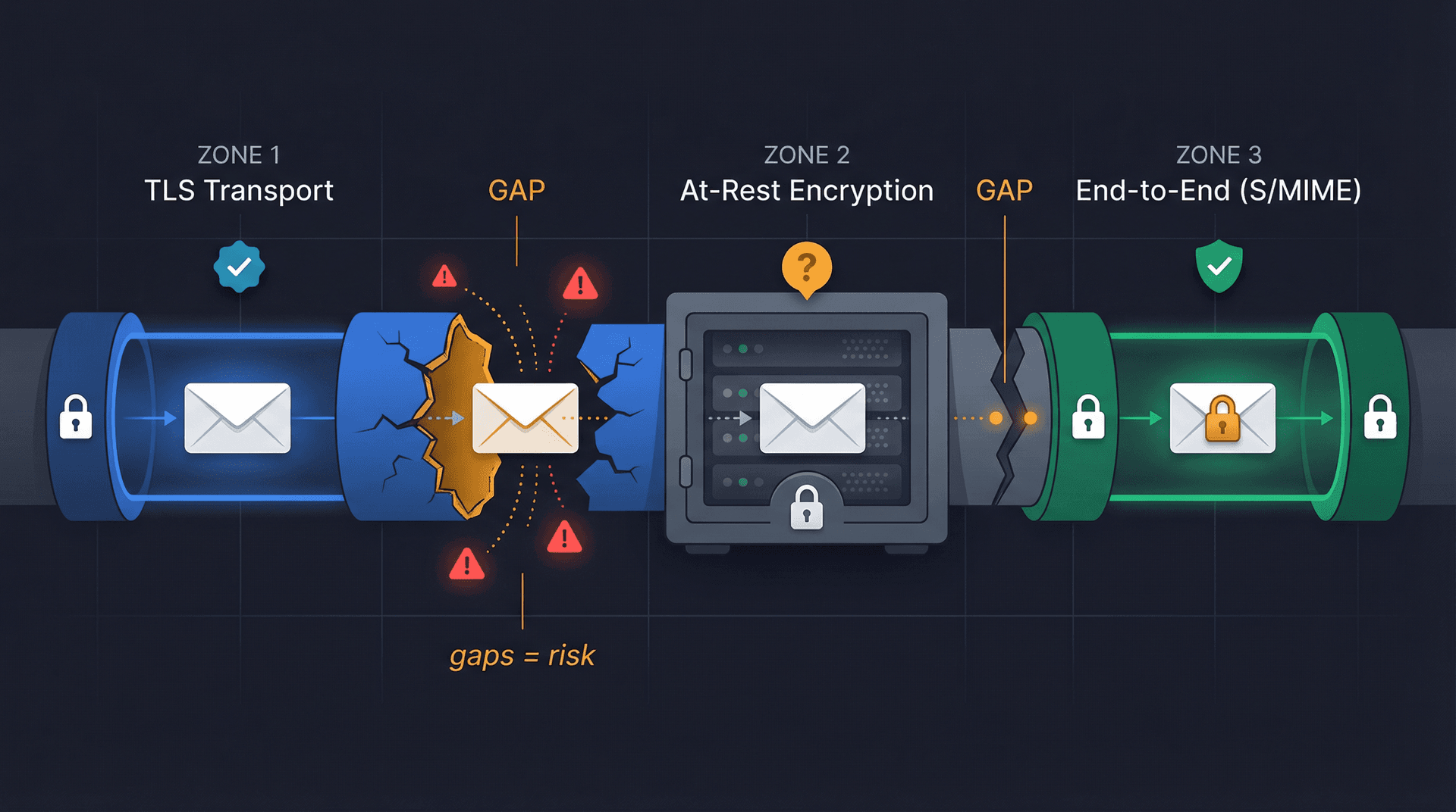 Diagram showing three email encryption layers — transport, at-rest, and end-to-end — with visible gaps between each layer where data can leak