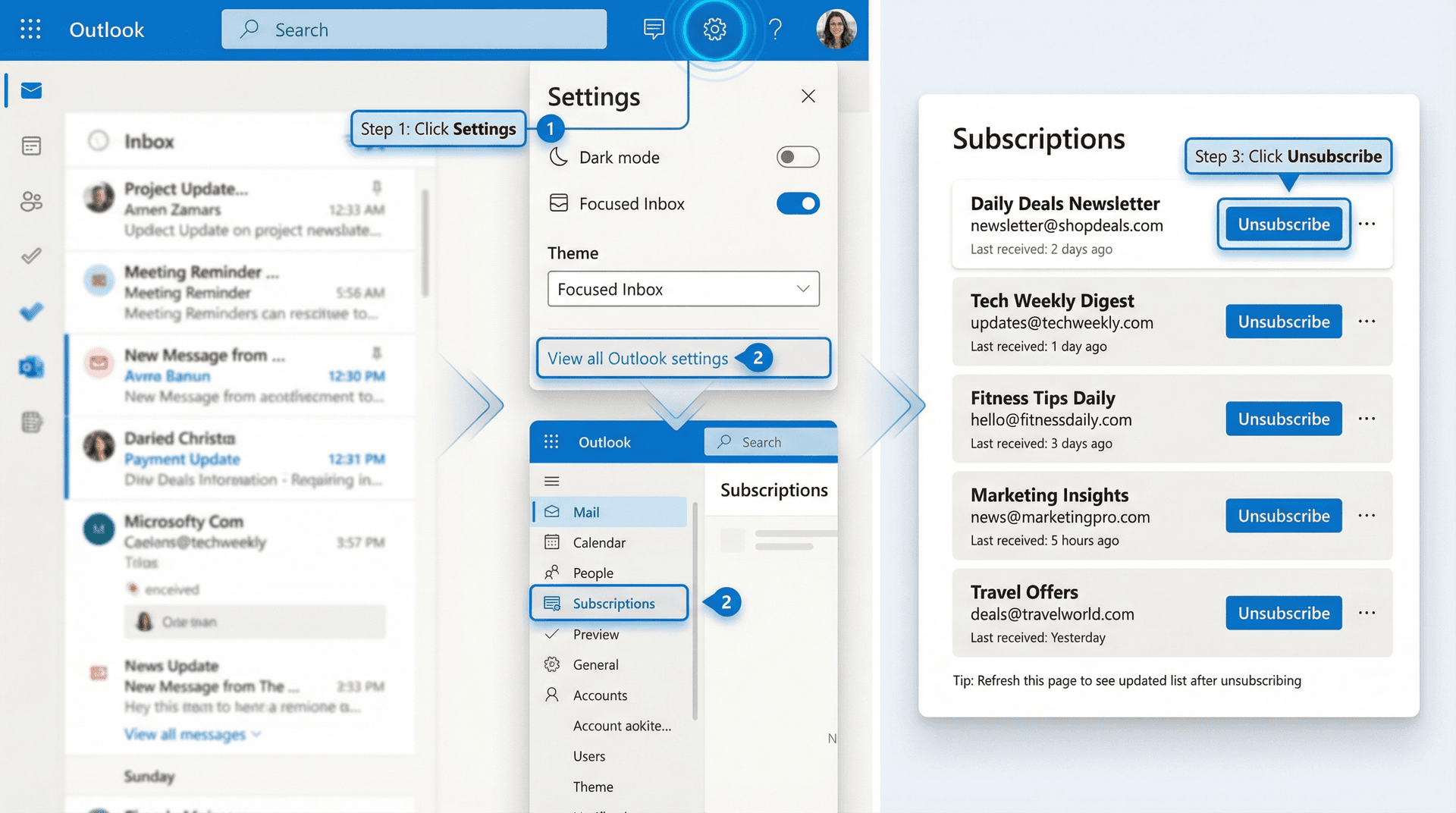 Outlook web subscriptions management dashboard showing the Settings gear icon, Mail settings navigation, and centralized subscription list with unsubscribe buttons