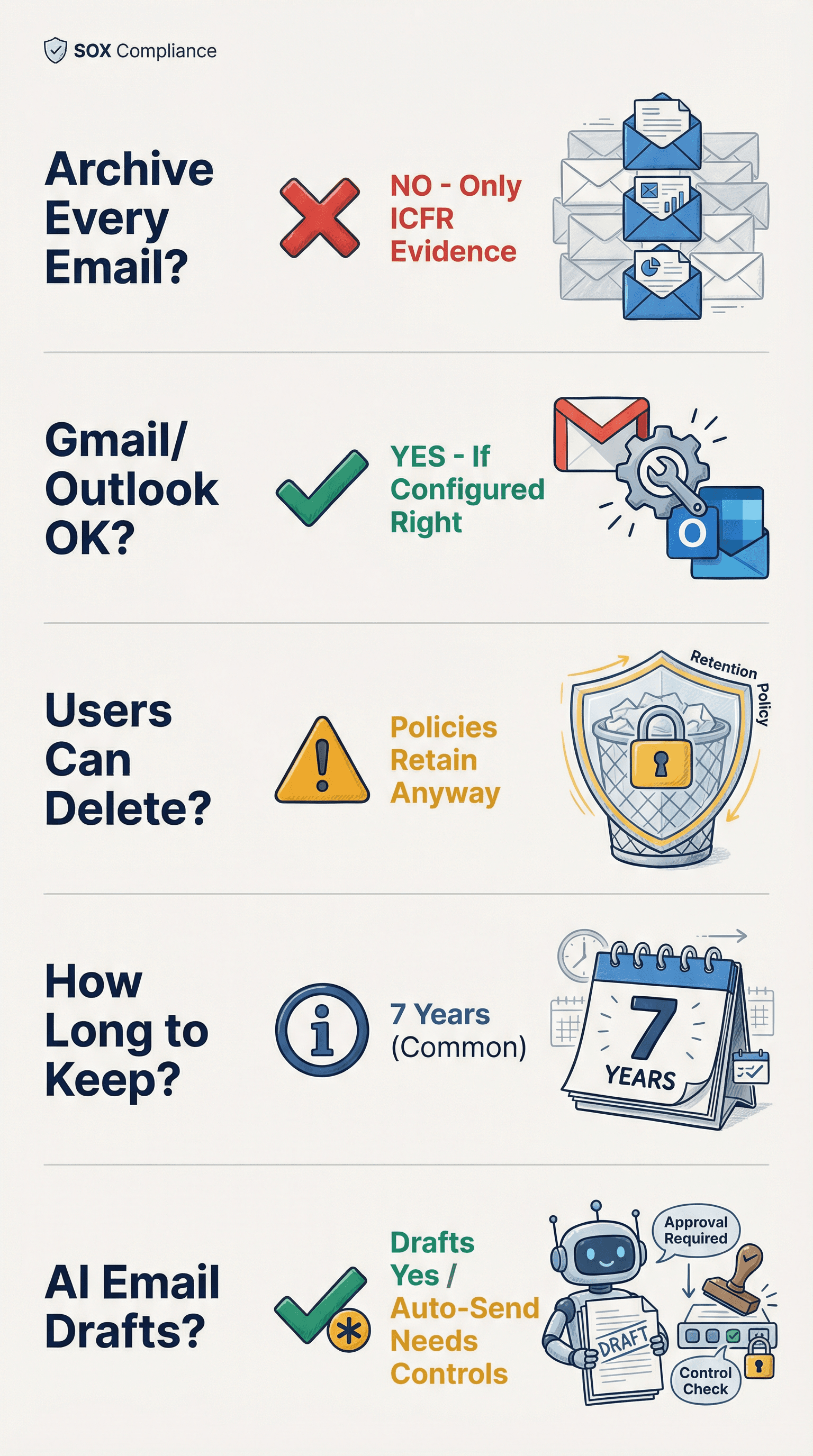Visual FAQ reference card answering 5 common SOX email compliance questions with icons and quick answers