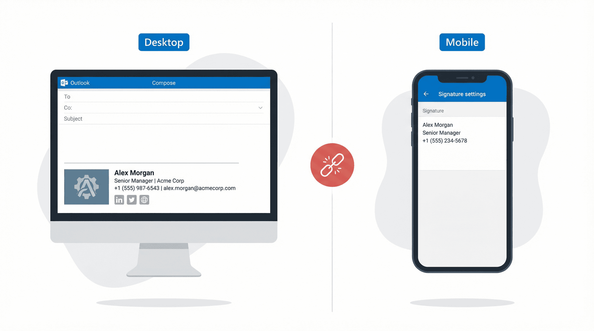 Side-by-side illustration of a desktop Outlook signature with rich formatting and a minimal mobile signature on a smartphone, visually disconnected to show they don't sync