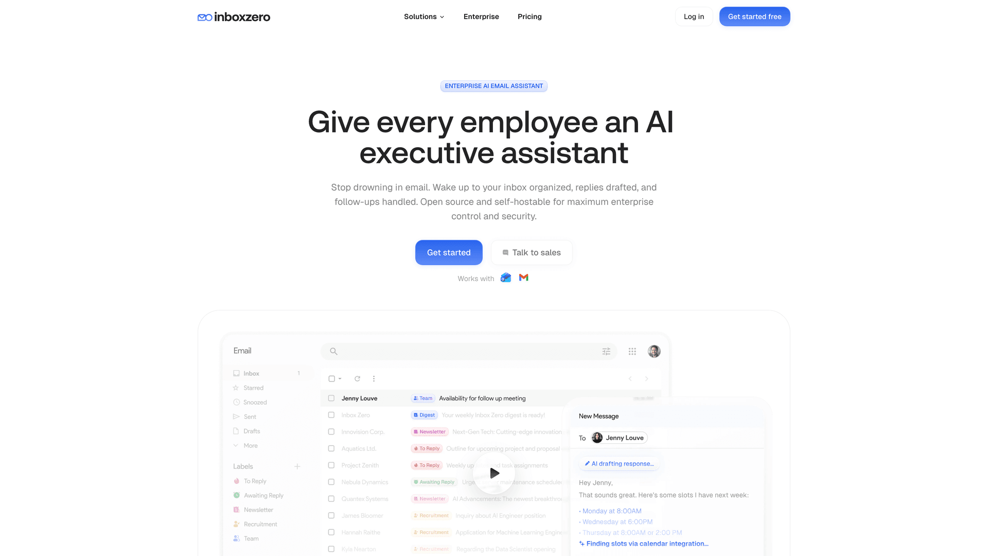 Inbox Zero enterprise page showing AI executive assistant positioning with open source and self-hostable security messaging