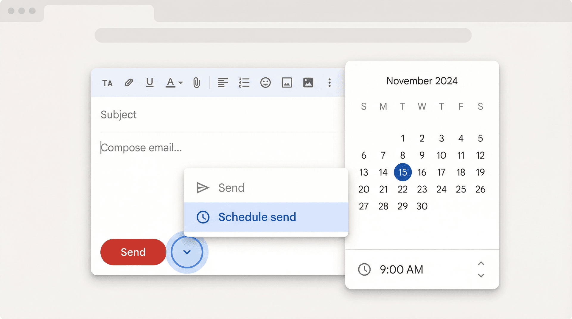 Gmail compose window with the Schedule Send dropdown open, showing a calendar date and time picker for delayed email delivery